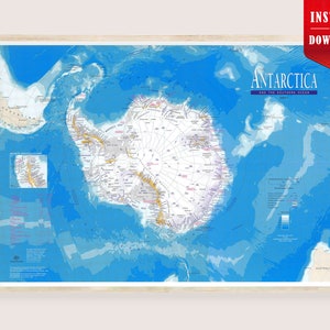 May include: A framed map of Antarctica and the Southern Ocean, with a light wood frame. The map features shades of blue and white, with detailed geographical information. The title "Antarctica and the Southern Ocean" is displayed at the top.