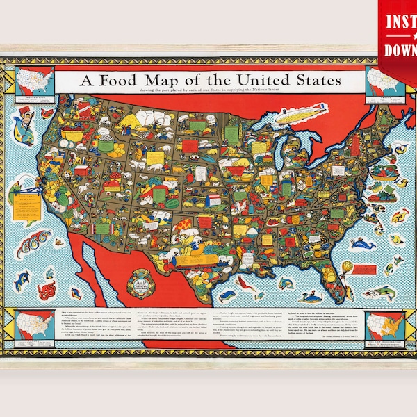 US Food Map Digital - Gastronomy of the United States, Vintage US map digital, US gastronomic poster, housewarming decor american food art