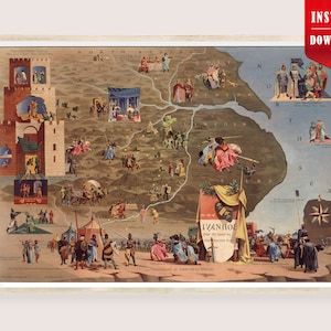 May include: A framed vintage map illustration with a light wood frame. The map depicts a historical scene with figures, castles, and text, including "Ivanhoe" and "Tournament at Ashby de la Zouche." A red "Instant Download" banner is in the upper right corner.