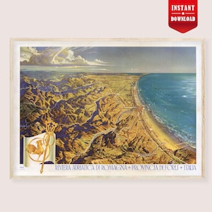 May include: Vintage travel poster print of the Riviera Adriatica di Romagna, Provincia di Forli, Italia. The poster features a detailed map of the coastal region, with a golden rooster emblem and the words "Instant Download" in a red banner.