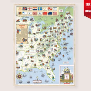 May include: A framed vintage map of the United States depicting the colonization of America. The map features illustrations of historical events, flags, and ships. The map is in a wooden frame and includes the text "Instant Download".
