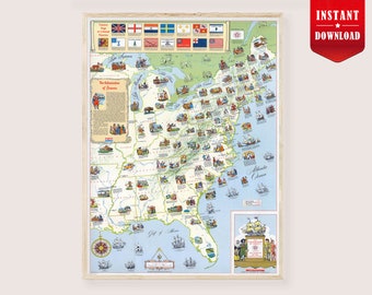 Colonial America Map Digital art print, Pictorial Map American colonies Print Old Map American History US Colonization Poster Printable
