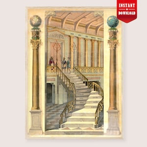 May include: An antique print showing a detailed interior with a staircase, columns, and figures. The print features architectural elements, including a checkered floor, ornate railings, and classical columns topped with globes. The colour palette is muted with gold, beige, and brown tones.