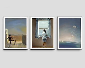 Salvador Dali Syrrealism Art 3 Prints - Dali Woman at Window Art Exhibition Posters, Original Dali Art Prints Retro Vintage Dali Wall Art