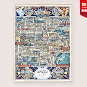 Puede incluir: Un mapa vintage enmarcado de Edimburgo, Escocia, en tonos azules, beige y marrón. El mapa presenta ilustraciones detalladas de monumentos y calles, con bordes decorativos y texto. El marco es de color madera clara. El mapa está etiquetado como "Queen of the North Edinburgh".