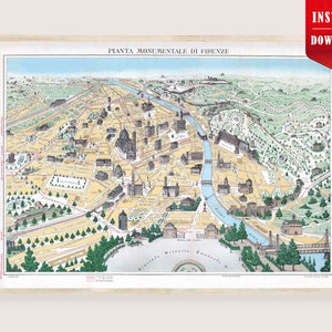 May include: A framed vintage map of Florence, Italy, with the title "PIANTA MONUMENTALE DI FIRENZE" at the top. The map features a detailed illustration of the city, including the Arno River and various landmarks, in shades of yellow, green, and blue.
