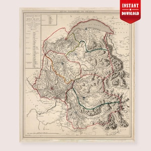 May include: An antique map titled Atlas National de France showing the Departement du Mont Blanc. The map features detailed topography, black ink lines, and hand-drawn red, green, and yellow borders. It includes a legend and text in French.
