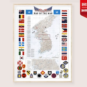 May include: A framed vintage map of the Korean War, titled "Stars and Stripes Map of the War." The map features a detailed depiction of the Korean Peninsula, surrounded by various flags and military insignia. The map is in a wooden frame.