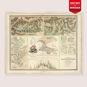 May include: Framed vintage map print titled "Glacier Systems of the Alps." The map features detailed illustrations of mountain ranges, lakes, and glaciers in shades of green, brown, and beige. The print includes the text "Instant Download" in a red banner.