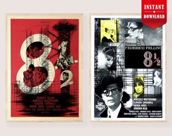 Pósteres digitales de la película Fellini 8 1/2: impresiones artísticas vintage de la película Fellini 8 1/2, pósteres retro de películas antiguas, arte de pared minimalista de 2 piezas