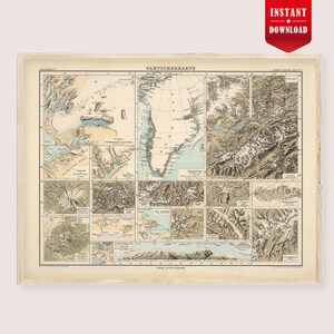May include: A vintage map print titled "Gletscherkarte" featuring detailed illustrations of glaciers and surrounding landscapes. The map is framed in a light-colored wooden frame and includes the text "Instant Download" in a red banner.