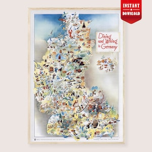 Puede incluir: Un mapa vintage enmarcado de Alemania, ilustrado con iconos de comida y bebida. El mapa está etiquetado como "Dining and Wining in Germany" e incluye una pancarta de "Descarga instantánea". La obra de arte es de estilo retro colorido.