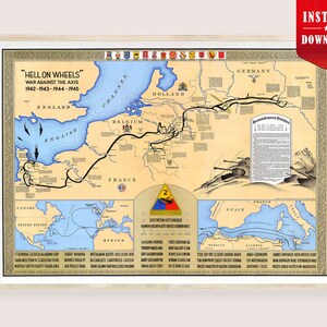 May include: A framed vintage map titled "Hell on Wheels" depicting the War Against the Axis from 1942-1945. The map shows the route through Europe, including England, France, and Germany, with text and illustrations.
