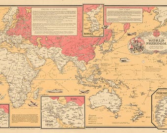 ヴィンテージ 1950 年の世界自由地図壁画 - 古い絵画の世界地図