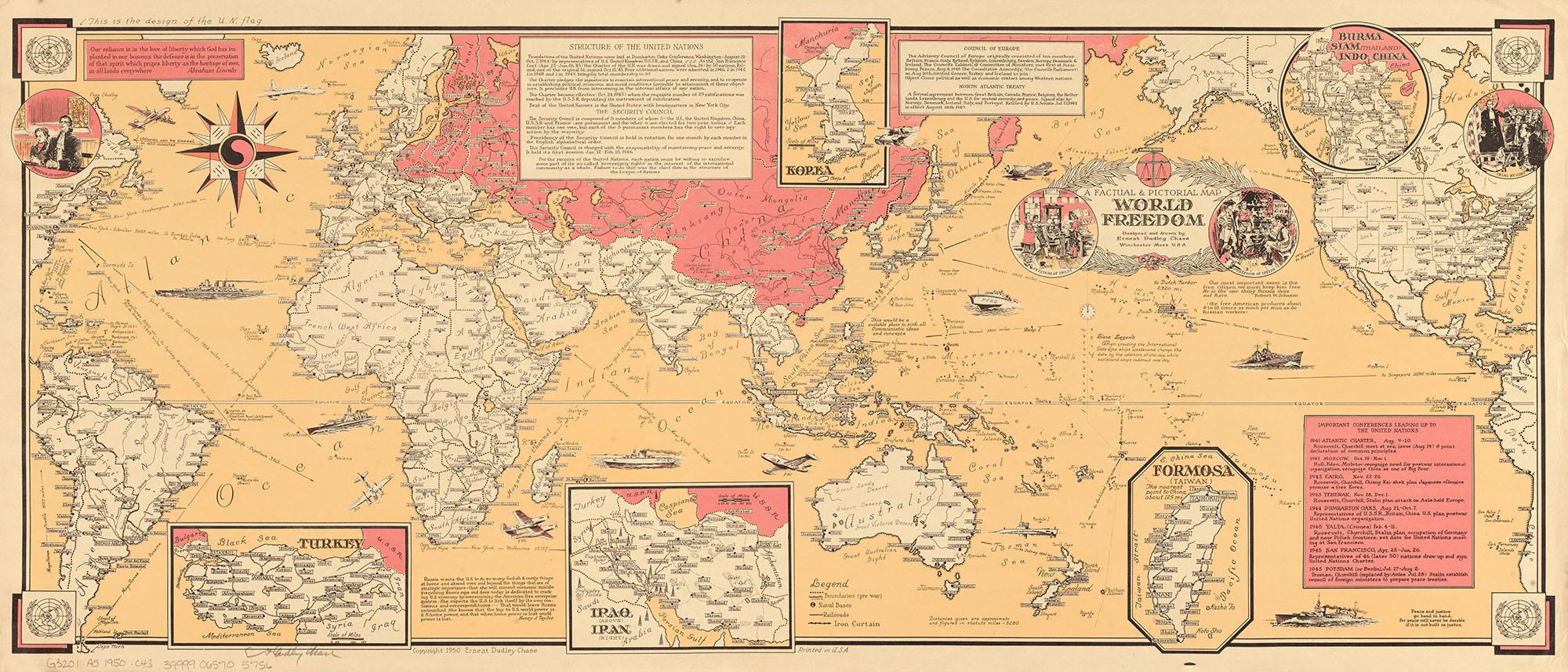 ヴィンテージ 1950 年の世界自由地図壁画 - 古い絵画の世界地図