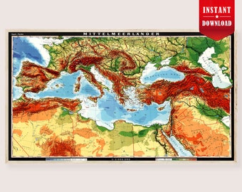 Mittelmeer Karte Download - Vintage Druck Mittelmeer Karte Digitale, große Karte Mittelmeer Karte, Physische Karte Wandkunst