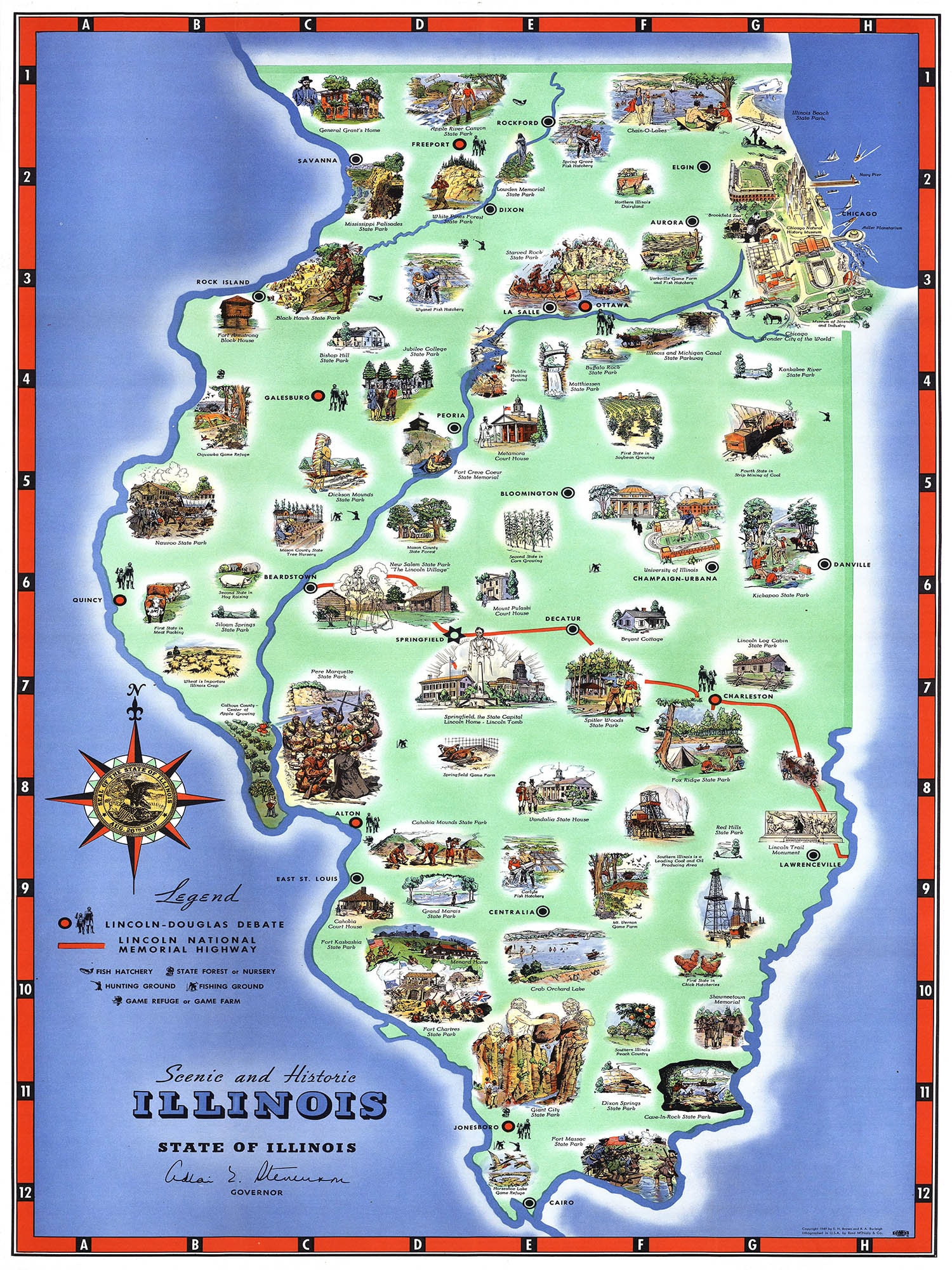 Illinois 1949 Map Print, Illustrated Map of Illinois Download Vintage ...