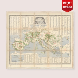 May include: An antique map of Europe, featuring detailed geographical information and the title "WEINKARTE EUROPA." The map is framed and has a vintage aesthetic, with a red "INSTANT DOWNLOAD" banner in the upper right corner.