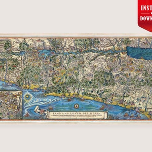 Peut inclure: Impression d'une carte ancienne encadrée, intitulée "Land und Leben des Herrn". La carte, dans un cadre en bois clair, représente un paysage détaillé avec de l'eau, des montagnes et des bâtiments. L'impression vintage comporte une bannière en bas.
