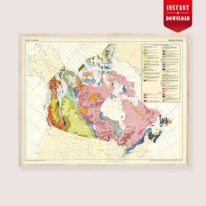 Puede incluir: Un mapa vintage enmarcado de Canadá, que muestra la geología del lecho rocoso. El mapa presenta una ilustración detallada con una variedad de colores, incluyendo rosa, verde y azul, sobre un fondo beige. Una pancarta roja en la esquina superior derecha dice "INSTANT DOWNLOAD".