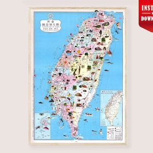May include: A framed vintage map of Taiwan, featuring detailed illustrations of landmarks, food, and cultural symbols. The map is set against a blue background, with a smaller inset map in the lower right corner. The frame is a light wood color.