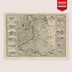 May include: A framed vintage map of Wales, featuring detailed illustrations of towns and cities. The map is in black and white, with decorative borders and the words "North Wales" at the top. A red banner in the upper right corner reads "Instant Download."