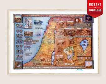 Palestine Map Holy Land Print Jesus Ministry - Bible Map Jerusalem Timeline of Christ, Holy Land Map of Palestine, Timeline of Christs life