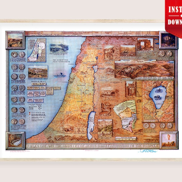 Palestine Map Holy Land Print Jesus Ministry - Bible Map Jerusalem Timeline of Christ, Holy Land Map of Palestine, Timeline of Christs life