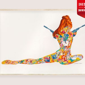 Peut inclure: Impression encadrée représentant une personne en position de yoga, tenant deux pistolets bleus. La silhouette est ornée d'un motif vibrant de formes et d'images. Le texte "INSTANT DOWNLOAD" est en haut à droite.