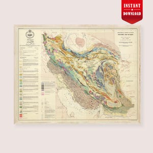 May include: Framed vintage map of Iran, featuring detailed geological information. The map displays a variety of colors representing different geological formations. The frame is a light wood color, and the map includes text in English and another language.