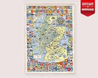 Old Map Of Scotland Download - Historical Scotland Map Art Print Digital, Scotland Clan Poster Old Scotland Map Art, Vintage Map of Scotland