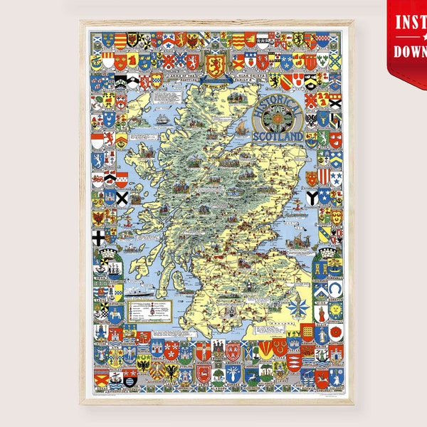 Old Map Of Scotland Télécharger - Historical Scotland Map Art Print Digital, Scotland Clan Poster Old Scotland Map Art, vintage Map of Scotland