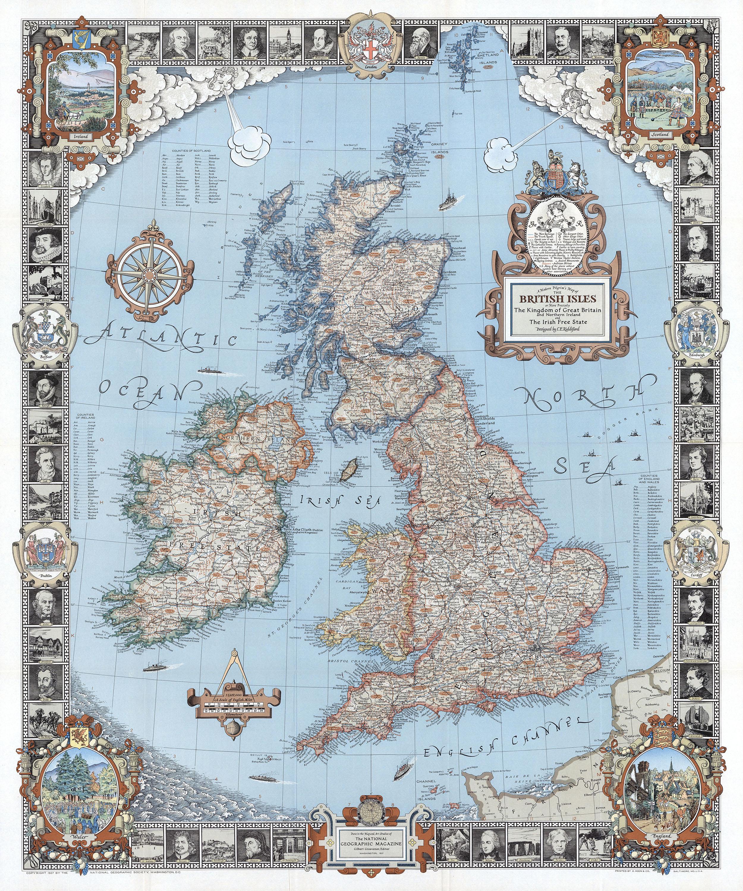 UK Map British Isles Map 1937 Poster Download - Vintage Map Pre