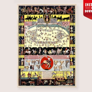 May include: Vintage rodeo-themed print with a detailed illustration of a rodeo event, featuring cowboys, horses, and various rodeo equipment. The print has a light beige background and is framed in a light wood frame. The top right corner has a red banner that says "INSTANT DOWNLOAD".