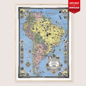 May include: A framed vintage map of South America, featuring a detailed illustration with pastel colors. The map includes illustrations of landmarks and a compass rose. The words "South America" are displayed in a decorative banner. A red banner in the top right corner reads "Instant Download".