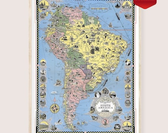 South America Map 1942 Print Digital - Pictorial Map South America Countries, Vintage Poster South American continent map poster wall art