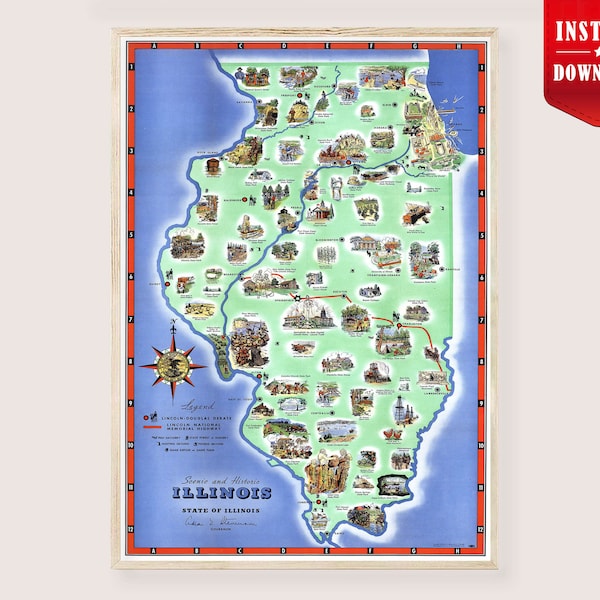 Illinois 1949 Map Print, Illustrated Map of Illinois Download - Vintage Illinois Map Art Print Digital Pictorial Map Illinois Retro Print