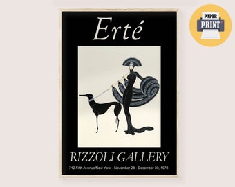 Erte Art Deco Poster Print - Lady Greyhound Dog Erte Black White Print Download Fashion Print Lady & dog Art Deco Poster