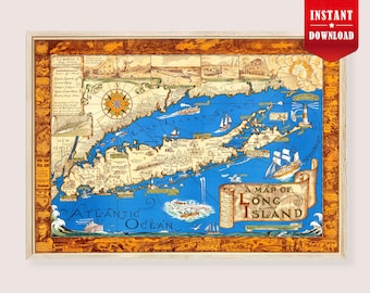 Carte Vintage Long Island Sur Bois Massif – 28x20 Pouces, Décoration Murale