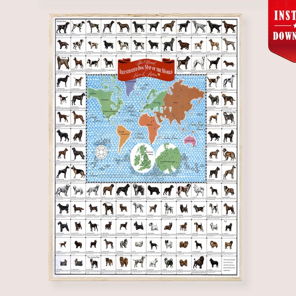 Dogs of the World Map Poster Download - Illustrated Dogs Breeds Wall Art Kids Dog Art Room Decor Dog Poster Print Dogs of all Nations Charts