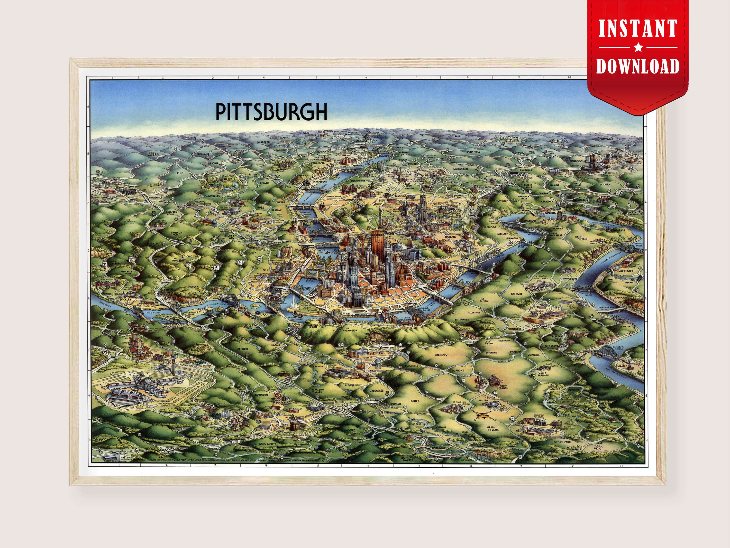 Pittsburgh Print Map Art Digital Pictorial Map of Pittsburgh - Etsy