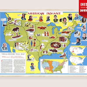 Könnte beinhalten: Eine gerahmte Vintage-Wandkarte mit dem Titel "American Indians". Die Karte zeigt Illustrationen von indianischen Figuren und kulturellen Elementen in den Vereinigten Staaten. Die Karte befindet sich in einem Holzrahmen und enthält den Text "Instant Download".