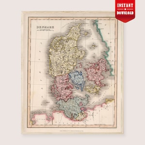 May include: An antique map of Denmark, featuring detailed cartography with various regions highlighted in shades of yellow, pink, blue, and green. The map is framed and includes the text "DENMARK" at the top. A red banner with "INSTANT DOWNLOAD" is in the upper right corner.