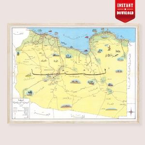 Może przedstawiać: Oprawiona, zabytkowa mapa Libii, z szczegółowymi informacjami geograficznymi i arabskim tekstem. Mapa jest w jasnej drewnianej ramie i zawiera tekst "INSTANT DOWNLOAD" w czerwonym banerze.