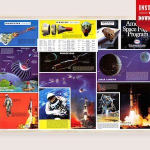 May include: A framed vintage space program poster featuring illustrations of the Mercury, Gemini, and Apollo missions. The poster includes diagrams of spacecraft, astronauts, and the lunar landing. The text includes "Instant Download" and "American Space Flight Program."
