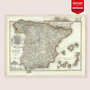 Può includere: Mappa antica incorniciata della Spagna, con dettagli geografici con linee sottili e testo. La mappa include un piccolo riquadro di una città ed è stampata su carta invecchiata. Il testo "Instant Download" è su uno striscione rosso.