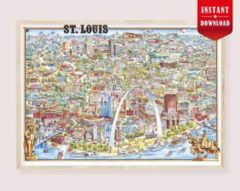 St Louis Map Art Print Digital - Retro Map of St Louis City, Vintage St Louis Map Poster Download, Old Print St Louis Cities Pictorial Map