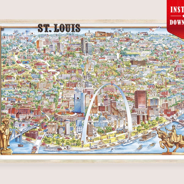 St Louis Map Art Print Digital - Retro Map of St Louis City, Vintage St Louis Map Poster Download, Old Print St Louis Cities Pictorial Map