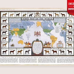 Op de afbeelding: Een ingelijste vintage print met de titel "Horse Map of the World". De kaart toont een wereldkaart met illustraties van verschillende paardenrassen. De print heeft een crèmekleurige achtergrond en is ingelijst in een licht houten frame.