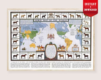 Caballos de todas las naciones mapa digital - Mapa de caballos ilustrados del mundo pared arte niños caballo arte sala decoración caballos mapa carteles raros mapa de caballos